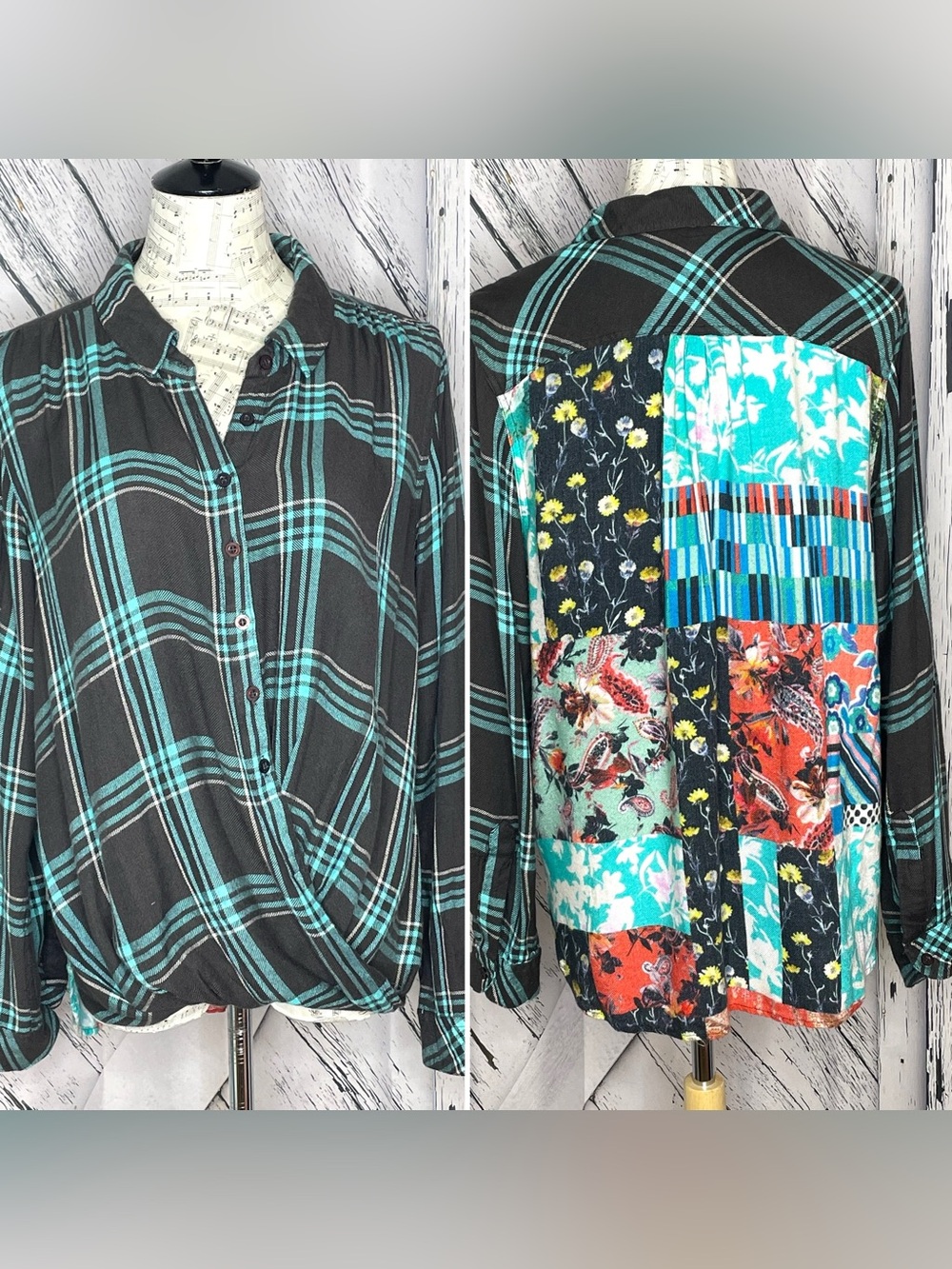 Tolani Collection Draped Blouse Plaids Florals Button Down M